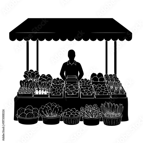 A vendor stands behind a market stall filled with fresh produce and vegetables.