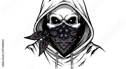 Skull wearing bandana and hoodie, dangerous gangster, urban style, menacing look