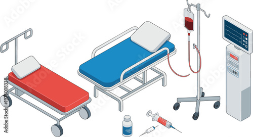 Isometric medical equipment illustration with hospital bed, stretcher, IV blood transfusion, syringe, medicine vial, and vital signs monitor system