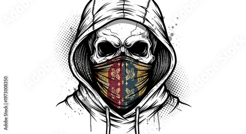 Skull wearing a bandana mask and hoodie, grunge style illustration