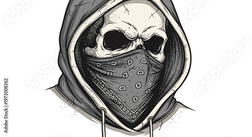Skull with bandana and hoodie, menacing look, grunge style