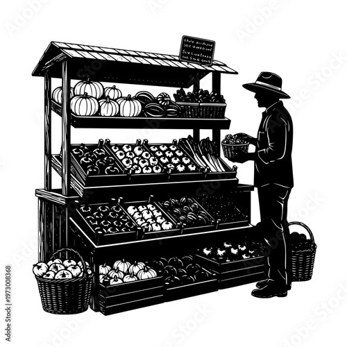 A vintage market vendor attending to a multi-tiered produce stand