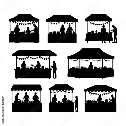 Silhouettes of various market stalls with people engaging in activities