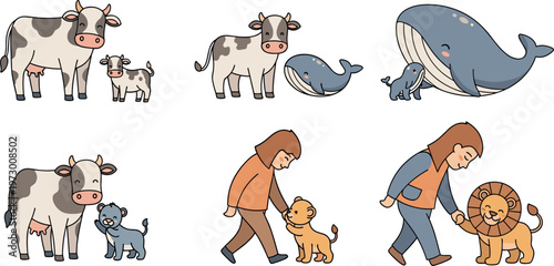 Cute animals with babies and human interaction cartoon set cow whale dog lion parenting love family illustration