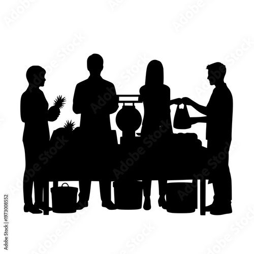 Group of people weighing and exchanging goods at a market