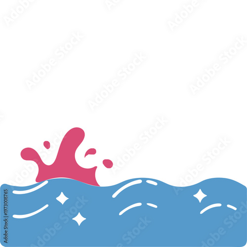 Whimsical illustration of a pink water splash with blue waves and sparkling white stars, creating a playful and joyful aquatic scene.