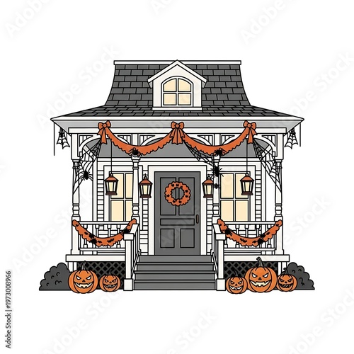 Halloween Haunted House Illustration with Pumpkins and Decorations.