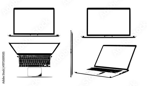 Realistic laptop mockup blank screen multiple perspective views vector