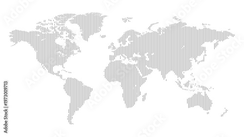 Minimalist world map made of vertical lines on transparent background.