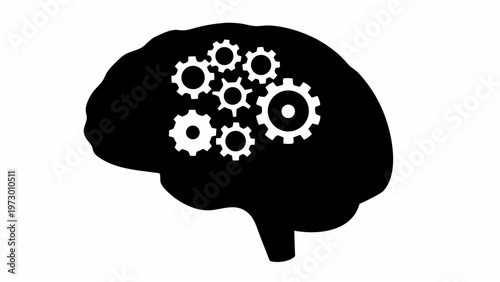 Thinking brain with gears inside silhouette problem solving concept