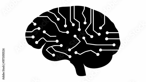 Black silhouette of a brain with white circuit lines on a plain white background symbolizing artificial intelligence and technology