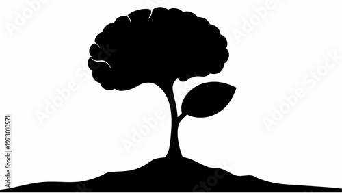 Brain shaped tree growing on a mound with a single leaf symbolizing knowledge and growth in a simple black silhouette on white background