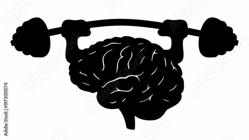 Brain lifting dumbbell silhouette symbolizing mental strength and cognitive fitness with a bold black design on a white background