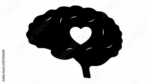 Black silhouette brain with heart inside on white background symbolizing emotional intelligence and love