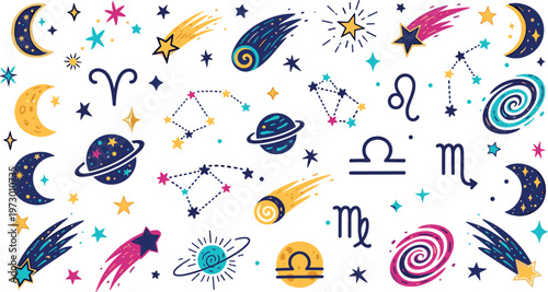 Colorful zodiac symbols with celestial elements, constellations, planets, stars, moons and comets in playful cosmic vector illustration set