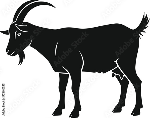 Detailed black and white vector silhouette illustration of a standing goat featuring large curved horns and farm animal characteristics on a plain white background.