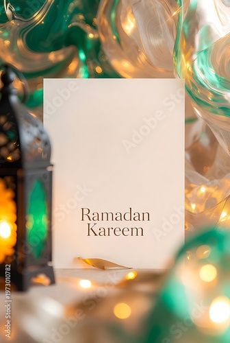 Ramadan Kareem card with lantern and festive lights.