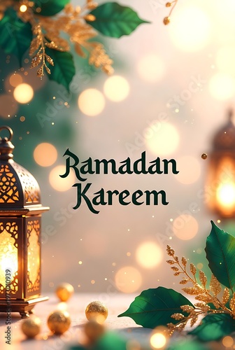 Ramadan Kareem celebration with lantern and bokeh lights background.