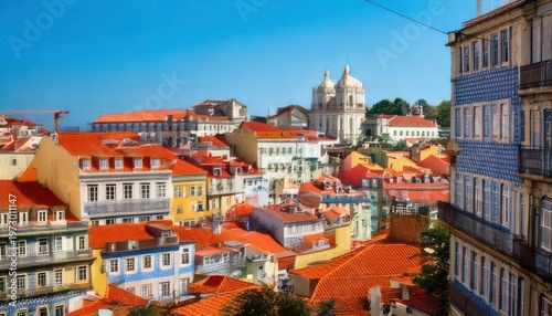 Lisbon cityscape featuring red rooftops and historic architecture under blue sky.