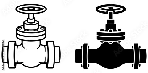 Silhouette of industrial oil and gas pipeline valves and pipes isolated on white background, Large industrial pipe control valve