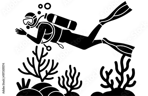 Scuba Diver Vector Silhouette, scuba diver exploring coral reefs under the sea isolated on white background, diver, scuba, diving, snorkeling, sea, ocean
