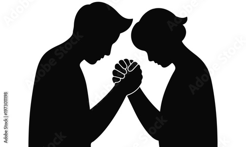 Silhouettes of two people arm wrestling in a competition isolated on white background, silhouette of a people