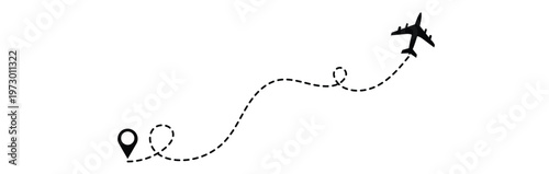 Airplane dotted line. Flight path with dotted line, airplane icons and location markers, aviation concept, travel background design