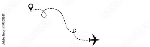 Airplane dotted line. Flight path with dotted line, airplane icons and location markers, aviation concept, travel background design