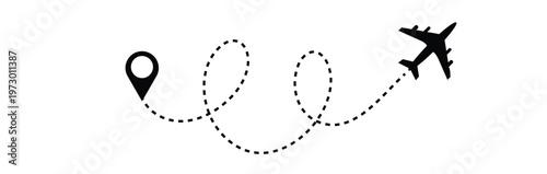 Airplane dotted line. Flight path with dotted line, airplane icons and location markers, aviation concept, travel background design