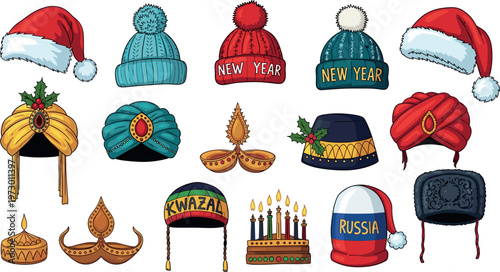 Colorful festive headwear and holiday elements collection including Santa hats, turbans, candles, diya lamps and cultural winter accessories set