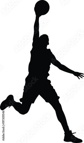 Action Silhouette of a Basketball Player Jumping for a Slam Dunk or Layup Isolated on White Background for Sports Energy and Competition Design Concepts