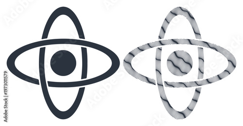 Abstract atomic symbol in dark and textured variations, representing science and technology.