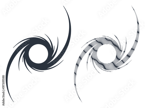 Abstract swirling vortex symbols representing duality, energy, and motion.