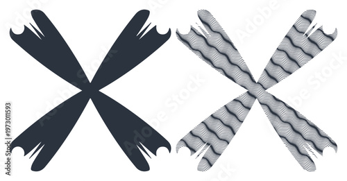 Two abstract X shapes, one solid dark, the other textured and striped, creating a striking visual contrast.