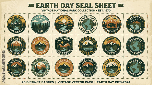 A vintage-style Earth Day seal sheet featuring 20 distinct badges for national parks and nature conservation themes