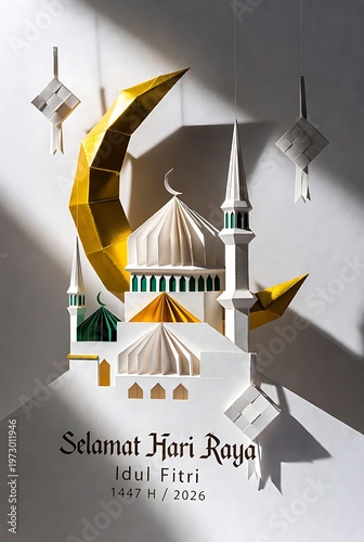 Selamat Hari Raya Aidilfitri 1447H2026 Paper Art Mosque and Crescent.