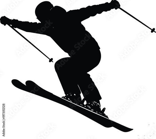Dynamic silhouette of a professional skier jumping in mid-air with poles extended, representing extreme winter sports, mountain adventure, freestyle skiing, and seasonal adrenaline activities.