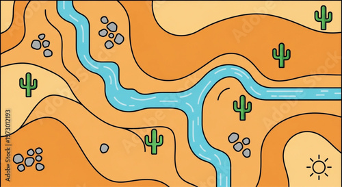 Desert landscape vector illustration, aerial view of river flowing through sand dunes, arid canyon wilderness with cactus and rocks isolated PNG with Transparent Background