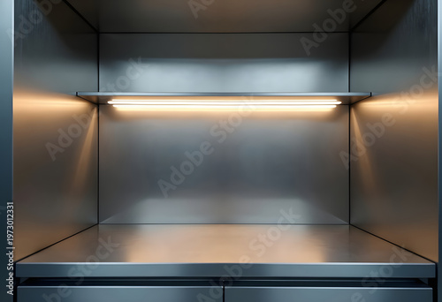 Empty Metal Shelf in a Kitchen Cabinet With a Light Above, Showcasing a Modern Design and Minimal Space