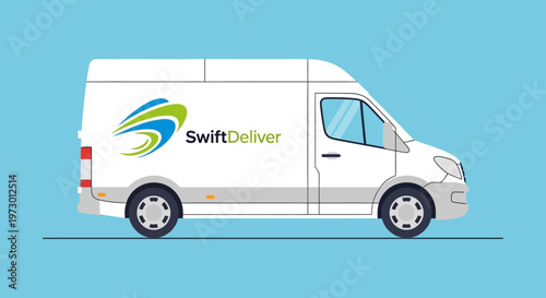 Modern white delivery van for logistics and shipping services.