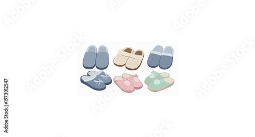 Cute cozy home slippers vector set with soft textile house shoes in pastel cartoon style isolated on white background