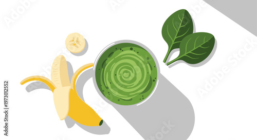 Healthy green smoothie bowl with banana and spinach leaves illustration.