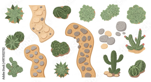 Desert garden landscape elements vector set, cactus and succulent plants collection, stone garden paths and desert rocks for landscaping design isolated PNG with Transparent Background