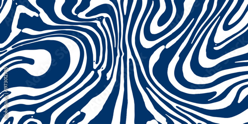 Seamless black and white geometric wave lines create a vintage optical illusion pattern with zebra stripes and floral swirl curves for a vector textile backdrop illustration