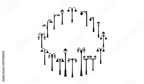 Lamp post silhouette collection with 20 street light icons circular vector set