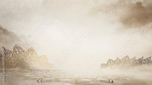 Serene Landscape Painting with Misty Mountains and Tranquil Waters.