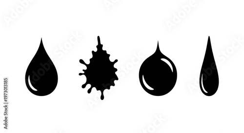 Droplets set with black silhouettes and various shapes on white background, including teardrop and splat designs.