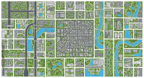 Aerial city map vector, urban district plan with green parks and blue river, top view of metropolitan street grid and residential blocks isolated PNG with Transparent Background