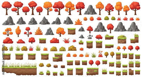 Autumn forest game assets vector set, cartoon fall trees and rocks collection, orange foliage nature elements for 2D platformer level design isolated PNG with Transparent Background