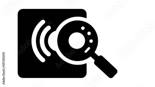 Black icon of a magnifying glass examining a square with sound waves